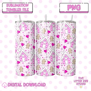 Różowy kubek z piernika Png Wrap, Różowy kubek świąteczny Png Design, Kubki świąteczne Png, 20oz Skinny Tumbler Design, Piernik PNG