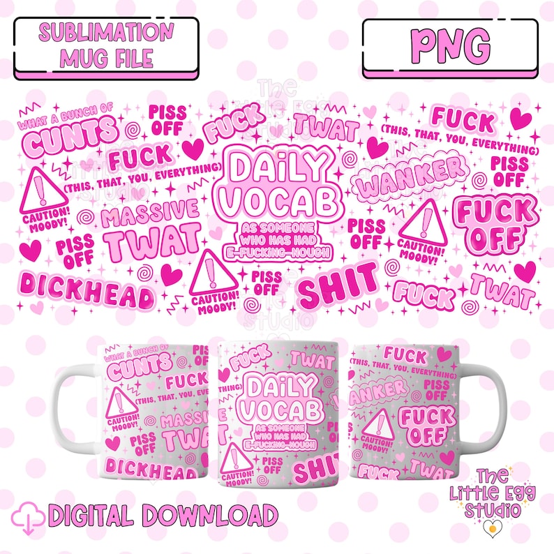 Sweary Mug PNG Wrap Design, Daily Vocab Mug Design, 11oz Mug Png, Fuck Mug Sublimation Design, Swear Words Mug Sublimation PNG File, image 1