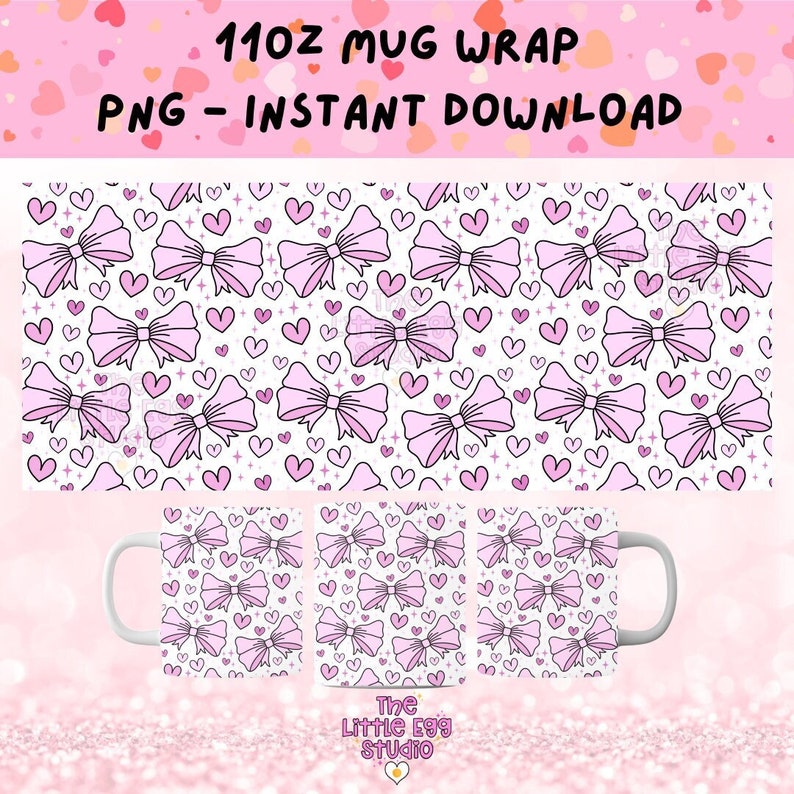 May include: A digital download of a 11oz mug wrap design featuring a pink and white pattern of bows and hearts. The design is perfect for sublimation printing.