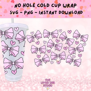 May include: A clear cold cup wrap design featuring pink bows and hearts, with the text "NO HOLE COLD CUP WRAP SVG - PNG - INSTANT DOWNLOAD". The design includes multiple pink bows and hearts. The Little Egg Studio logo is at the bottom.