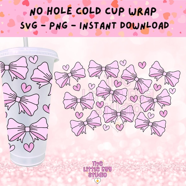 Pink Bows SVG, No Hole Cold Cup SVG, Pretty Pink Bows Cold Cup Svg, Soft Girl SVG, 24oz Cold Cup Wrap Svg, Girly Cold Cup Svg