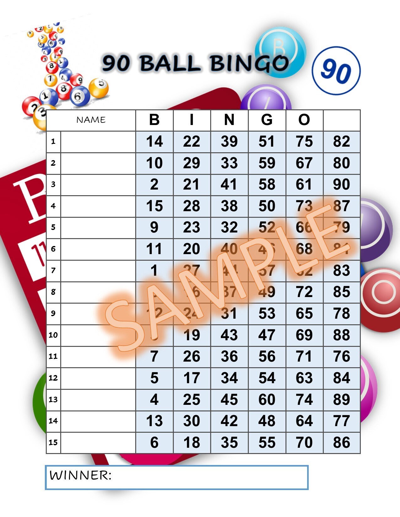 15 Line 90 Ball Bingo Board Mixed Straight Blank Pdfs - Etsy