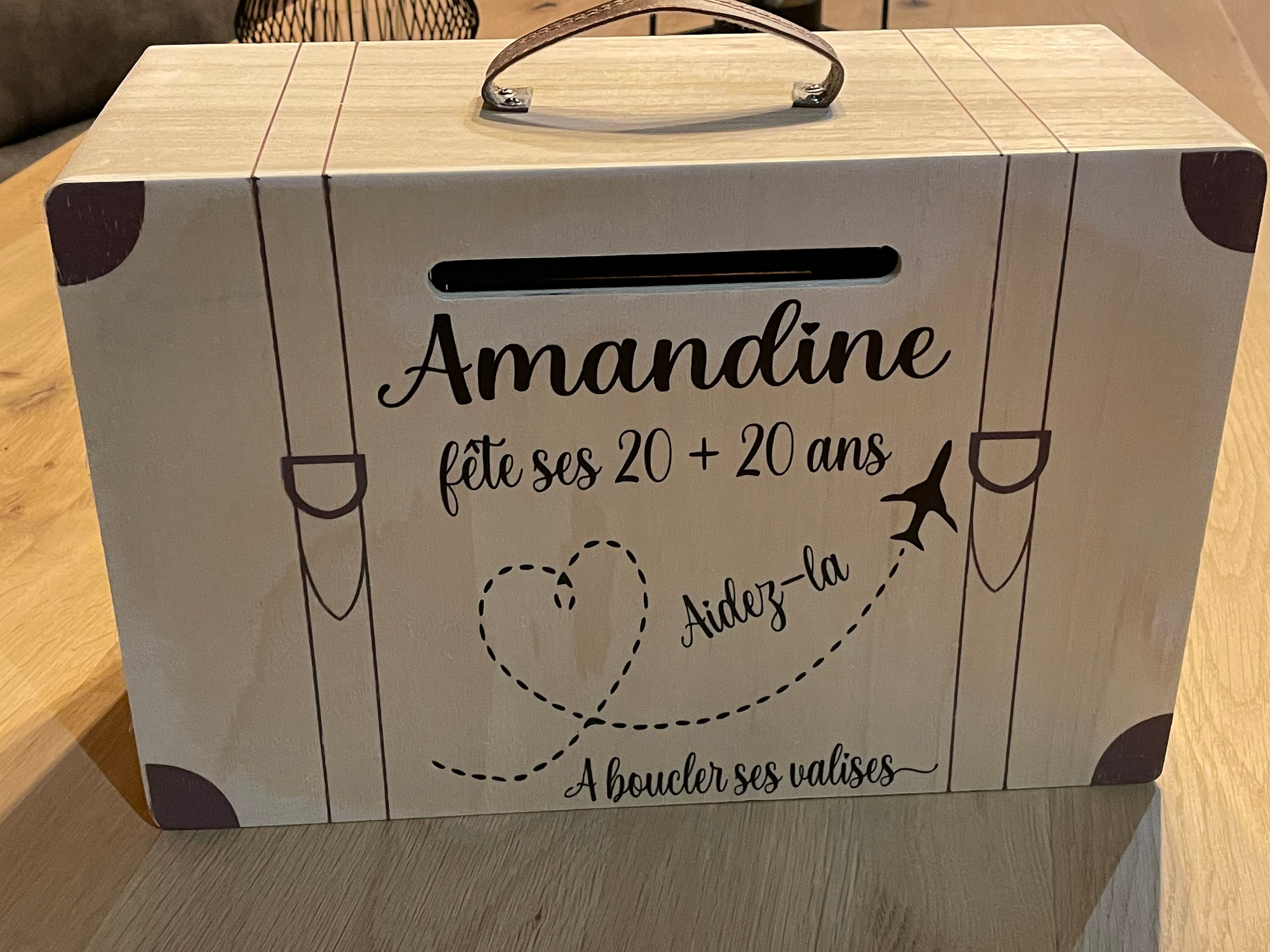 URNE VALISE en BOIS, anniversaire, cagnotte, urne anniversaire