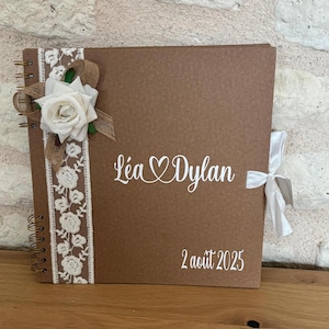 Livre d'or mariage kraft,  champêtre, dentelle personnalisée