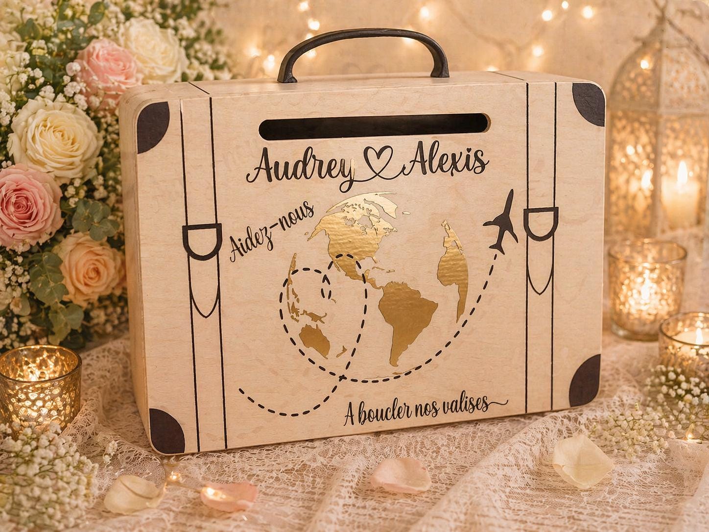 Panneau d'urne de mariage personnalisé en forme de valise en bois