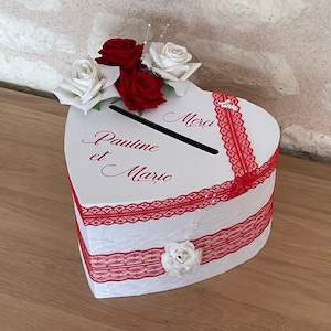 Urna corazón de boda, boda roja y blanca, urna personalizada