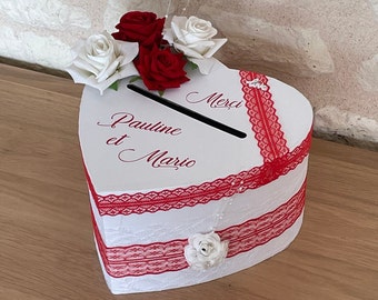 Urne coeur  mariage, mariage rouge et blanc, urne personnalisée