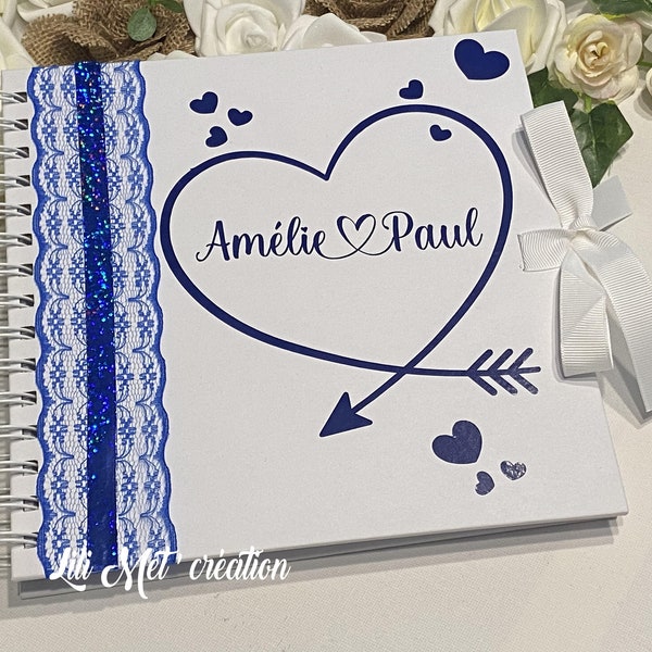 Livre  d’or mariage personnalisé dentelle bleu roi et kraft blanc