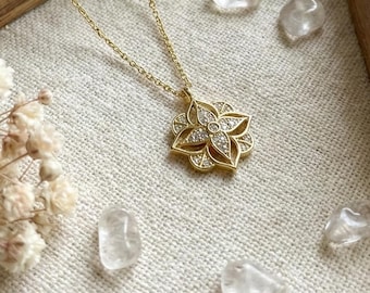 14K Gold Plated Lotus Flower Necklace, 925 Sterling Silver Crystal Pendant, Spiritual Yoga Jewelry, Dainty Mandala Charm, Gift For Her