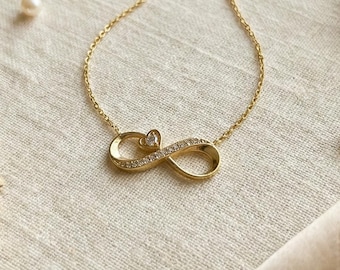 14K Gold Plated Infinity Necklace, Sterling Silver Love Pendant, Cubic Zirconia Eternity Charm, Romantic Gift for Her, Minimalist Jewelry
