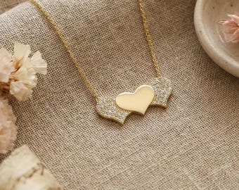 Triple Heart Necklace, 14K Gold Plated Silver, 3 Hearts Pendant, Cubic Zirconia Charm, Romantic Gift for Her, Anniversary Wife Jewelry