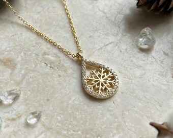 14K Gold Plated Silver Snowflake Teardrop Necklace, Pave Crystal Winter Pendant, Festive Christmas Holiday Jewelry Gift For Women