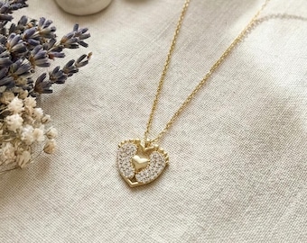 14K Gold Plated Silver Baby Footprint Heart Necklace, Pave Crystal Mom Pendant, Meaningful Motherhood Jewelry, New Mom Gift For Her