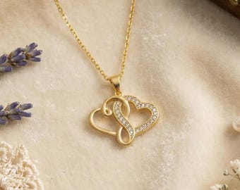 14K Gold Plated Double Heart Necklace, Sterling Silver Pendant, Interlocking Love Charm, CZ Stone Gift For Her, Romantic Anniversary Jewelry