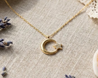 14K Gold Plated Moon Star Necklace, 925 Sterling Silver Crescent Pendant, Turkish Flag Jewelry, Celestial Charm, Patriotic Gift For Her