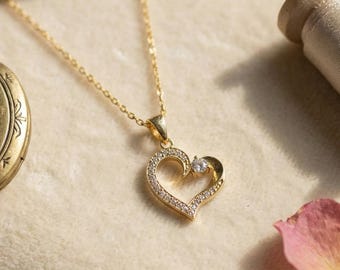 14K Gold Plated Heart Necklace, 925 Sterling Silver Cubic Zirconia Pendant, Romantic Love Jewelry,Dainty Minimalist Anniversary Gift For Her