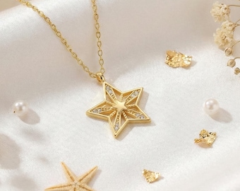 14K Gold Plated Star Necklace, 925 Sterling Silver CZ Pendant, Celestial Jewelry, Minimalist Shine Gift For Her, Dainty Charm Chain