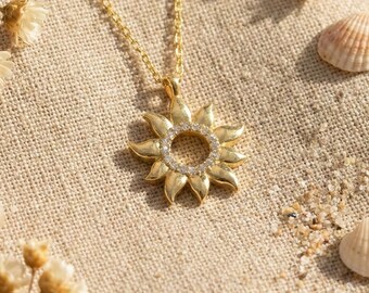 14K Gold Plated Silver Sun Necklace, Celestial Sunshine Pendant, Summer Jewelry Gift, Minimalist Charm For Her, Radiant Energy Accessory