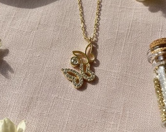 14K Gold Plated Butterfly Necklace, Sterling Silver Crystal Pendant, Dainty Layering Chain, Sparkly Animal Charm, Romantic Gift For Her