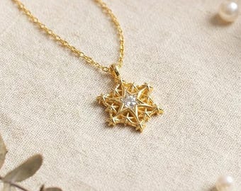 14K Gold Plated Snowflake Necklace, 925 Sterling Silver Winter Pendant, Crystal Star Charm, Christmas Holiday Gift For Her, Dainty Jewelry