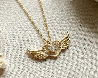 14K Gold Plated Silver Angel Wing Heart Necklace, CZ Love Pendant, Romantic Jewelry, Guardian Angel Charm, Valentine Gift For Her