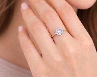 Silver Flower Ring, Rhodium Plated Band, Dainty Halo Ring, Cubic Zirconia Jewelry, Floral Promise Ring,Minimalist Silver Gift, Snowflake Rin