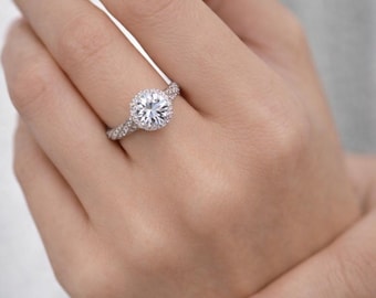 Silver Halo Engagement Ring, Rhodium Plated Twist Band, Cubic Zirconia Promise Ring, Round Cut Crystal, Elegant Bridal Jewelry,Sterling Gift