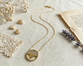 14K Gold Plated Silver Heart Circle Necklace, Pave Crystal Love Pendant, Romantic Gift For Her, Elegant Minimalist Jewelry Accessory