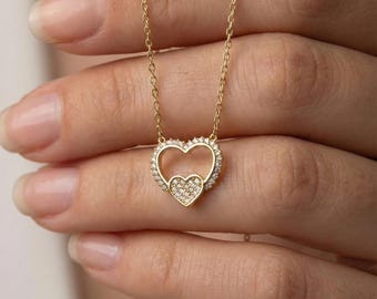 14K Gold Plated 925 Sterling Silver Double Heart Necklace Sparkly Zirconia Love Pendant Romantic Jewelry Gift For Her Anniversary Wife
