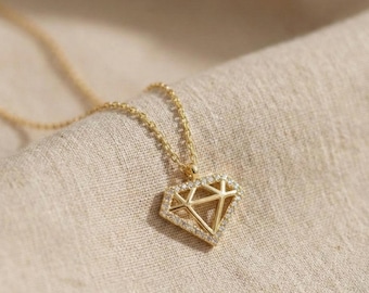 14K Gold Plated Diamond Necklace, Geometric Pendant, Silver 925 Charm, Dainty Minimalist Jewelry, Cubic Zirconia Gift, Geometric Outline