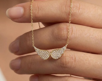 Angel Wings Necklace, 14K Gold Plated Silver, Guardian Angel Pendant, Cubic Zirconia Charm, Protection Jewelry, Memorial Gift for Her