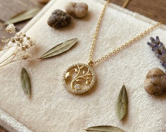 14K Gold Plated Tree of Life Necklace, 925 Sterling Silver CZ Pendant, Nature Jewelry, Family Roots Gift, Elegant Circle Charm For Women