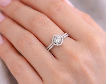 925 Sterling Silver Hexagon Halo Ring, Rhodium Plated Double Band, Round Cut Zircon Promise Ring, Geometric Engagement Ring, Bridal Jewelry