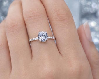 Sterling Silver Solitaire Ring, Cubic Zirconia Engagement Ring, Round Cut Pave Band, Promise Ring for Her, Elegant Bridal Jewelry Gift