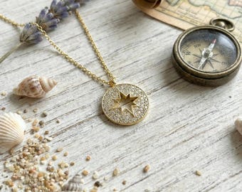 14K Gold Plated Silver North Star Medallion Necklace, Celestial Coin Pendant, Pave Crystal Jewelry, Meaningful Guidance Gift For Her
