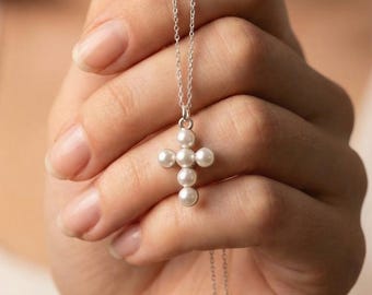 Handmade 925 Sterling Silver Majorica Pearl Cross Necklace Elegant Spiritual Pendant Religious Jewelry Gift For Her Baptism Confirmation