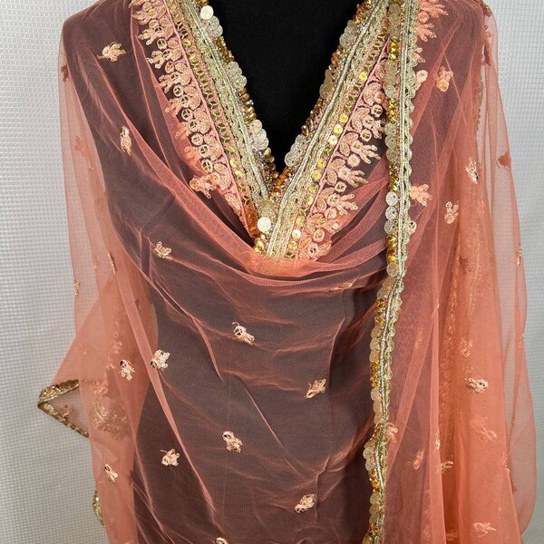 Peach Net dupatta with latkan, embroidered border also thread work through out size 114 x 200 cm Free Uk Shipping