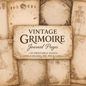 Páginas de diario de grimorio de brujería / Pergamino vintage imprimible / Con líneas y sin líneas / Gótico y celestial / Plantilla de Canva en PDF y PNG
