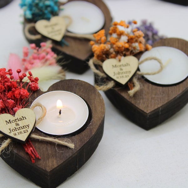 Favores de boda personalizados para invitados, vela a la luz del té de madera, favores de boda rústicos, favores de boda a granel, favores de despedida de soltera personalizados