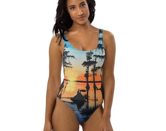 Louisiana Bayou Sunset Painting One-Piece Swimsuit