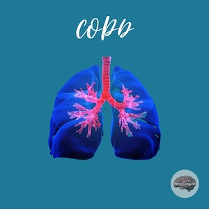 May include: A digital illustration of the human lungs with the word "COPD" written above. The lungs are shown in a blue translucent colour with the bronchi highlighted in red.