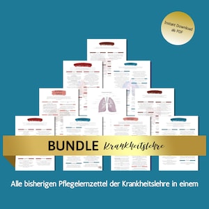 Può includere: Un set di fogli di studio di infermieristica stampabili per un corso sulle condizioni mediche. I fogli sono organizzati a forma di piramide con il titolo "BUNDLE Krankheitslehre" in basso. Il testo "Alle bisherigen Pflegelehrzettel der Krankheitslehre in einem" è incluso.