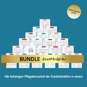 May include: A collection of white educational medical documents arranged in a pyramid shape against a teal background. A gold horizontal banner across the front displays the text BUNDLE Krankheitslehre. A gold circle in the top right reads Instant Download als PDF.