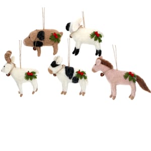 Mixed Wool Animals with Holly and Jingle Bells Hanging Tree Decoration
