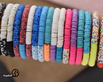 2 colors  Heishi Bracelet, Bracelet Katsuki Disc Pearls ,summer bracelets , Surfer bracelet, Rubber Disc Bracelet, heishi vinyl