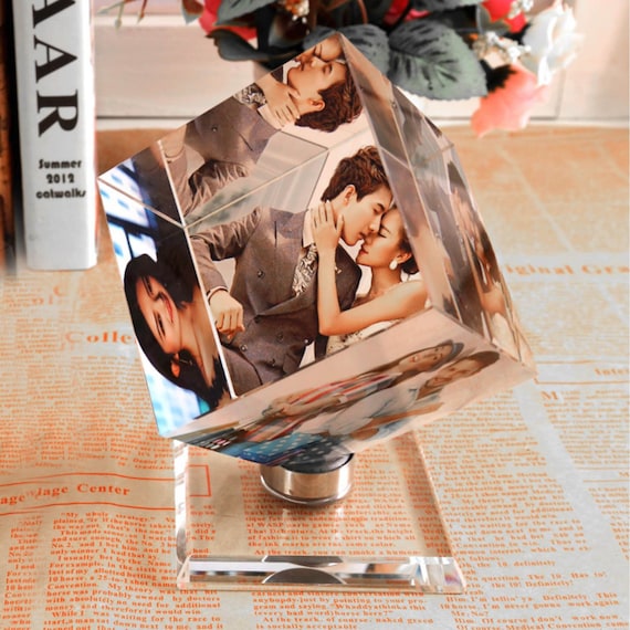 Personalized Rotating Photo Crystal Cube, Beveled Optical Crystal Keepsake, Anniversary Wedding Gift