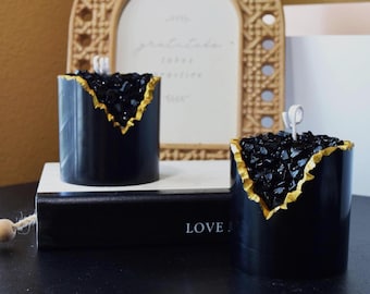 Black Geode Candle, Glossy Obsidian Wax Art Pillar, Gold Edge, Gift Set