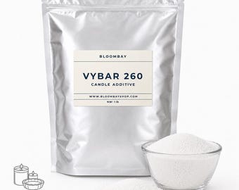May include: A silver pouch of VYBAR 260 candle additive, with a clear glass bowl filled with white granules. The label reads "BLOOMBAY VYBAR 260 CANDLE ADDITIVE" and "NW: 1 lb". A small illustration of candles is in the lower left.