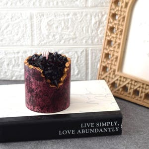 Red Crystal Geode Candle, Palm Wax Crackle Pillar, Gold Edge, Gift Set image 4