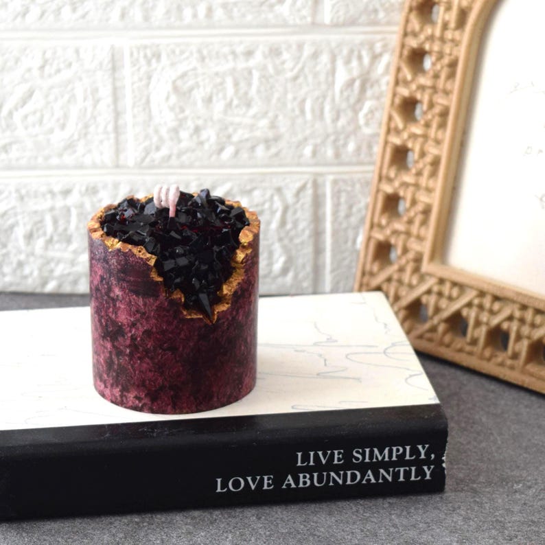Red Crystal Geode Candle, Palm Wax Crackle Pillar, Gold Edge, Gift Set image 4